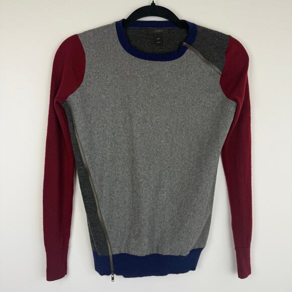 J.Crew Womens Asymmetrical Side Zip Wool Blend Color Block Grey/Red Sweater XXS - Picture 1 of 10